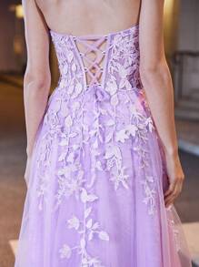 Women's Floral Applique High Slit Mesh Bustier Evening Gown - Lilac Purple - View 5