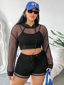 SHEIN Coolane 大尺碼女款短版網眼上衣配短褲及吊帶背心套裝 - 黑色 - 查看 5