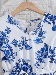 SHEIN Tween Girls' Floral Printed Short Sleeve Dress For Vacation,Holiday,Summer,Travel