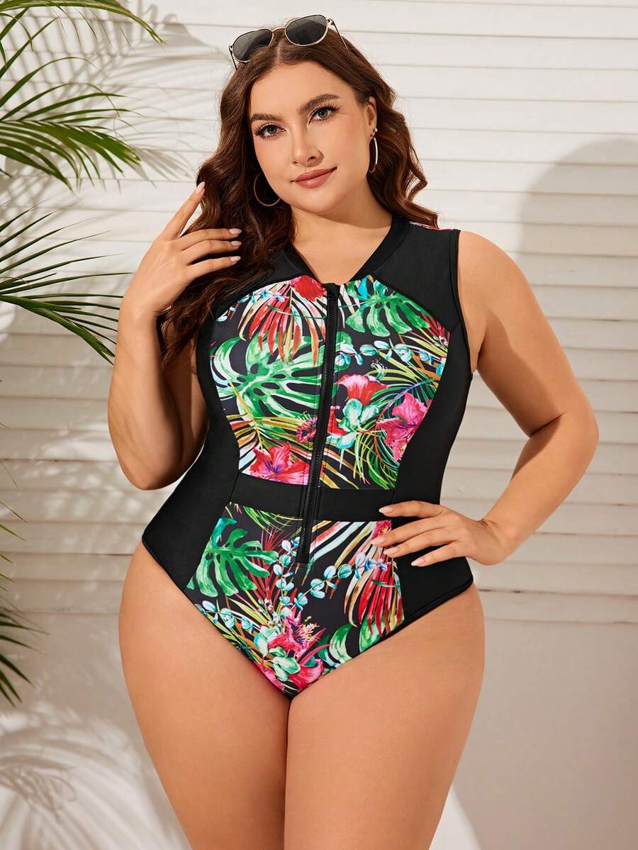 SHEIN Swim Curve 大尺碼熱帶印花拼接一件式泳衣 - 彩色 - 查看 1