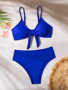 Swim Vcay Conjunto de bikini de unicolor con detalle de nudo delantero, conjunto de bikini de vacaciones para la playa de verano - azul real - Ver 6