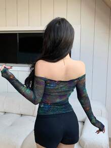 Dazy Designer Women's Off-The-Shoulder See-Through Top,Off Shoulder Top,Back To School Clothes Long Sleeve Women Tops,Fall Women Clothes Going Out Tops Women - Multicolor - View 2