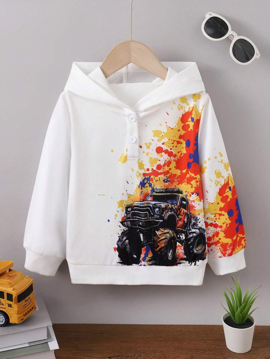 Young Boy Hooded Sweatshirt With Off-Road Vehicle Print - White - View 1