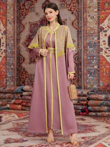 Al Najma Women's Modest Full Length Embroidered Arabic Abaya And Long Sleeve Waist Tightening Dress, Muslim Fashion Abaya For Casual/Festival/Gathering/Travel - Pink - View 6