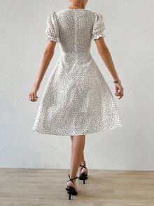 SHEIN Privé 女士不對稱圓點印花泡泡袖連身裙 - 白色 - 查看 5