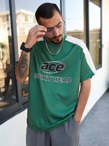 Manfinity Homme Men's Short Raglan Sleeves T-shirt With Letter Print - Green - View 6