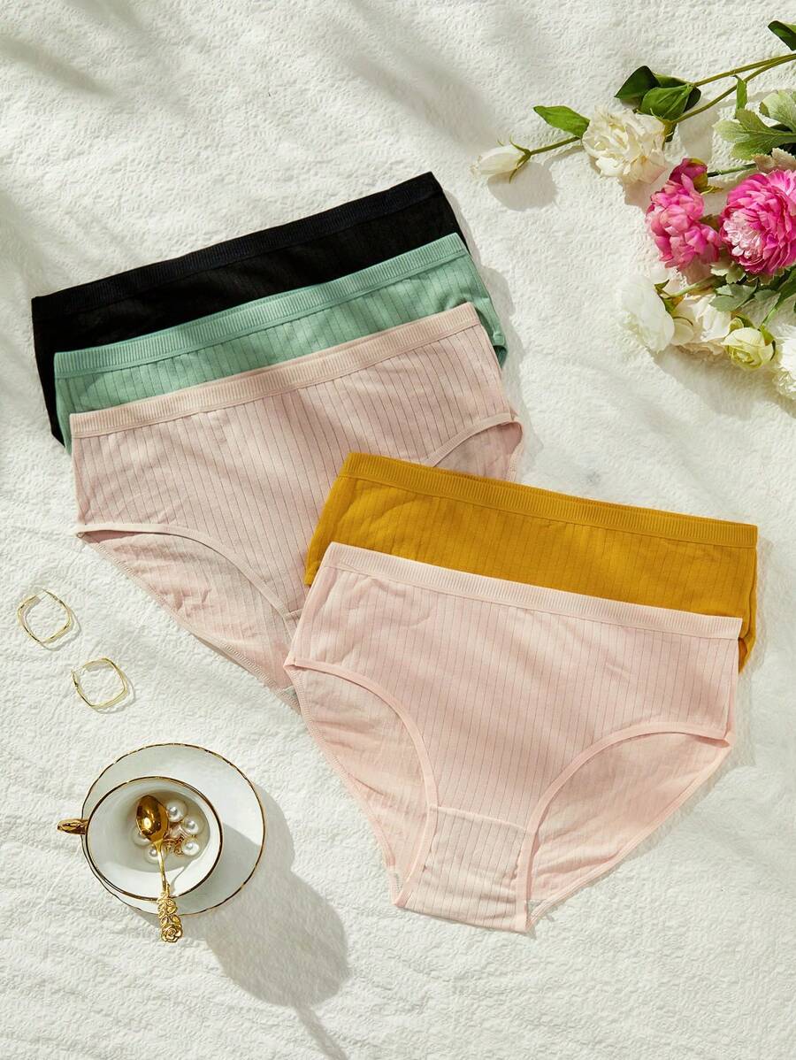 Plus 5pack Plain Ribbed Knit Panty - Multicolor - View 1