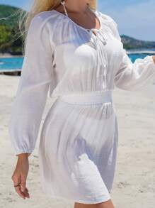 SHEIN Swim 夏季纯色灯笼袖束腰罩衫 - 白色 - 查看 5