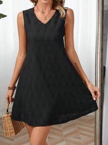SHEIN LUNE Solid Texture Sleeveless Dress - Black - View 1