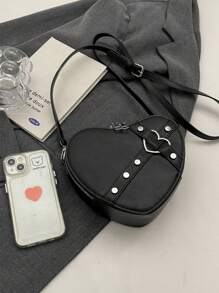 ROMWE Grunge Punk New Hot Gothic Style Rivet Heart Shaped Shoulder Bag For Women, Fashion Crossbody Bag Valentines, Heart Purse, Perfectly Match With Valentine Day Dress - Black - View 8