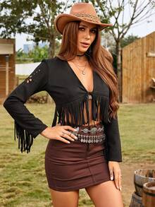 RELISH NOLESS Black Tassel Hem Deep V Jacket Western Women Attire - Black - View 6