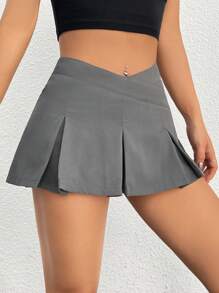 SHEIN PETITE Women'S Solid Color V-Shaped Waistband Pleated Mini Skirt
