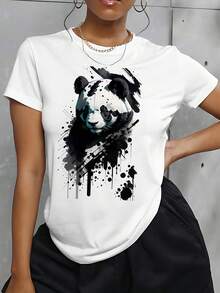 INAWLY Panda Printed Short Sleeve T-shirt - White - View 3
