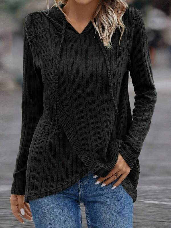 Women's Fashion Ribbed Hooded Pullover Top With Asymmetrical Hem, Long Sleeve