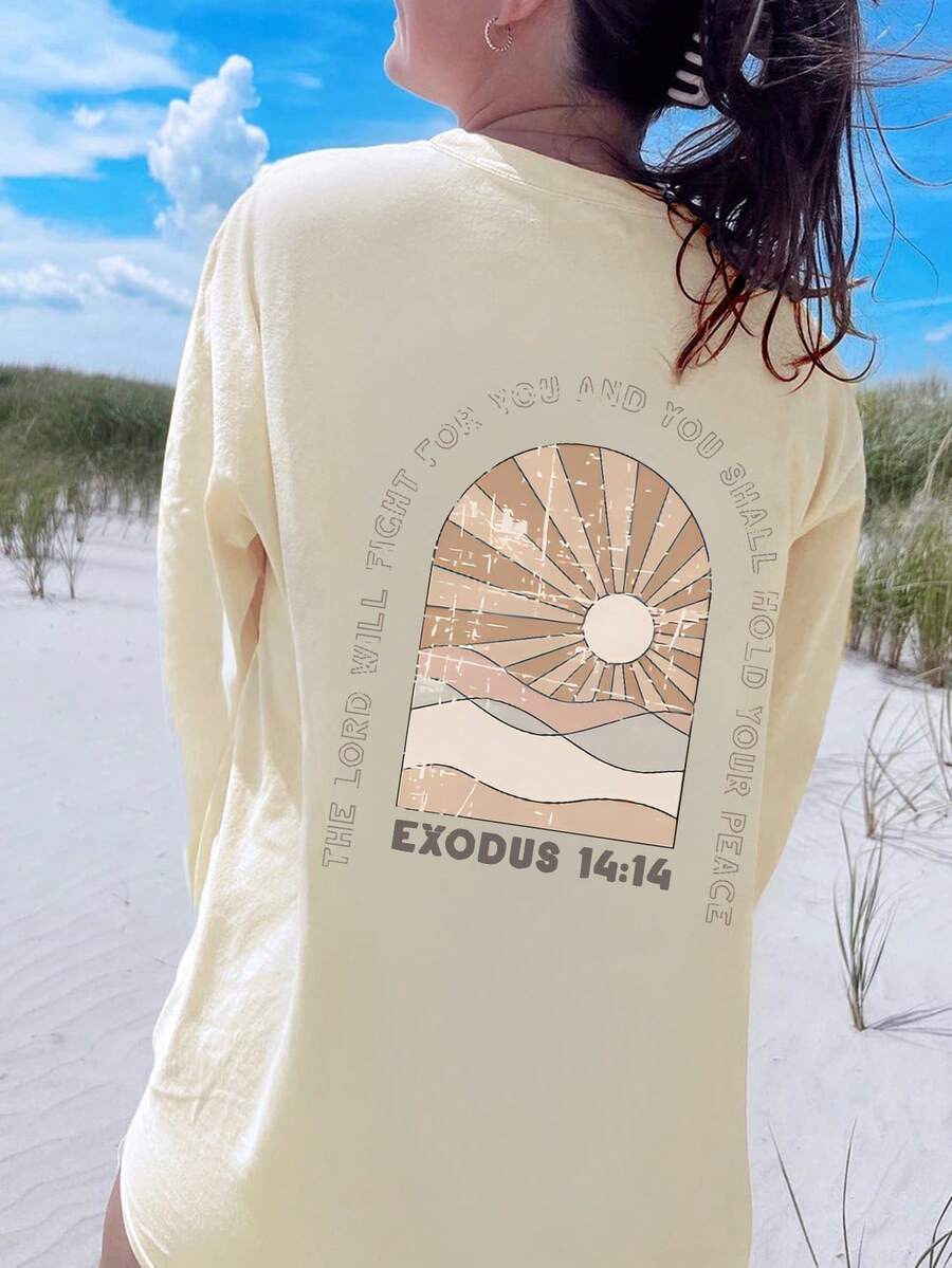 Của phụ nữ Slogan In Thả vai Tay áo dài Áo thun - Màu be - Xem 1