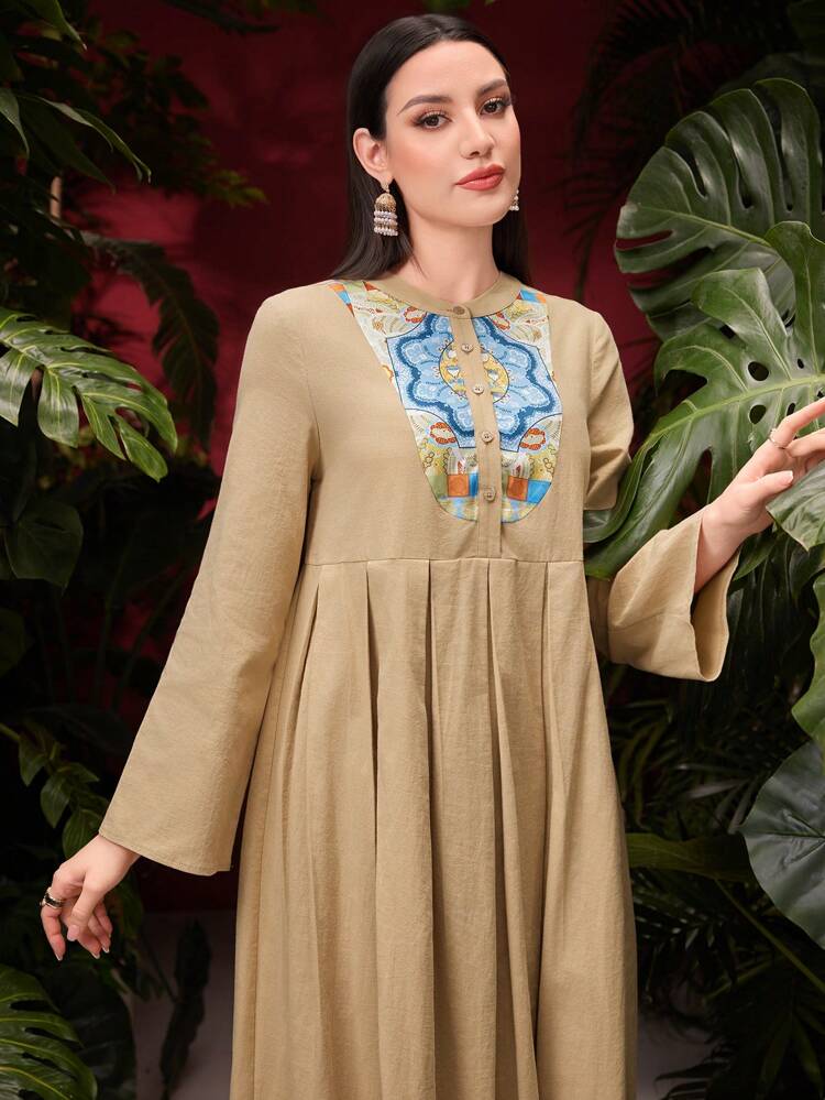 Women's Arab Style Floral Printed Pleated Hem Dress