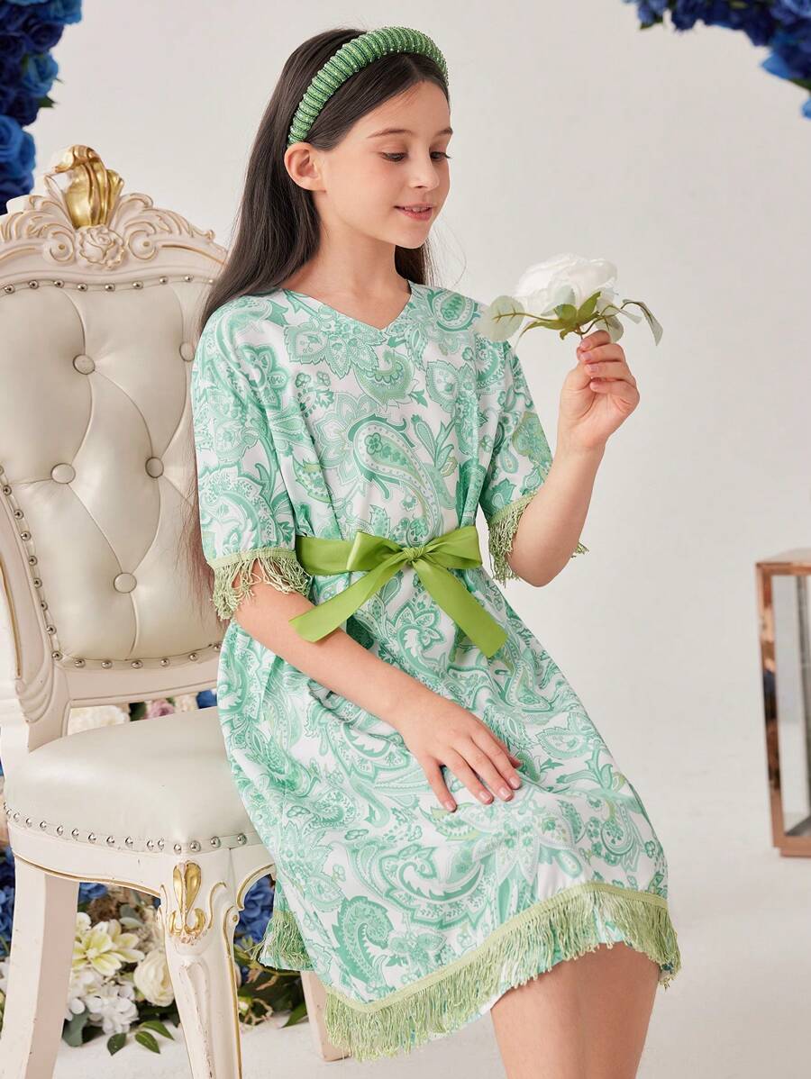 Cô gái In hoa Paisley Sọc Tay áo Với Thắt Lưng Đầm - Nhiều màu - Xem 1