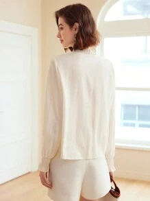 MOTF PREMIUM WOMEN'S WOVEN FLORAL EMBROIDERY RUFFLE TRIM LANTERN SLEEVE BLOUSE - Beige - View 6