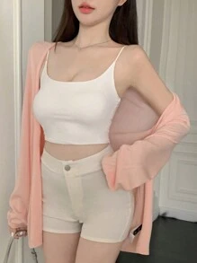 DAZY 女式鬆身純色長袖開衫外套 - 粉色 - 查看 5