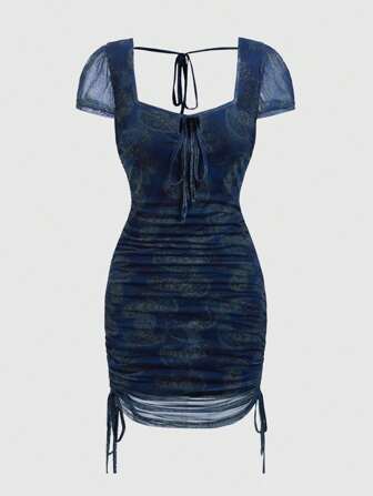 Hippie Damen Paisley Druck Patchwork Transparentes Mesh Gürtel Kleid