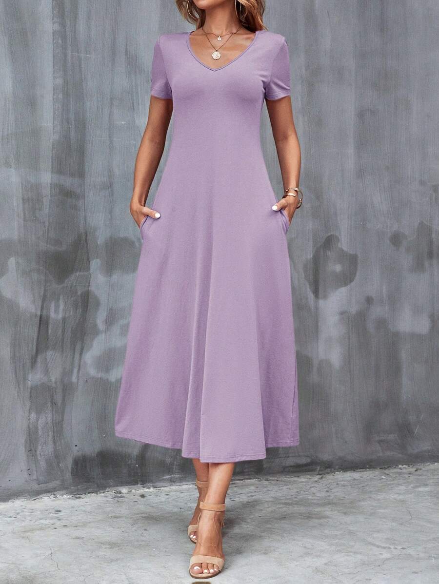 SHEIN Clasi Của phụ nữ Cổ chữ V Ngắn tay Dài Đầm - Màu tím hoa cà - Xem 1