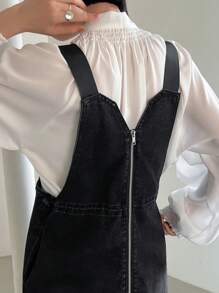 FRIFUL Women'S Long Denim Overalls Dress With Back Zipper Dress - Black - View 6