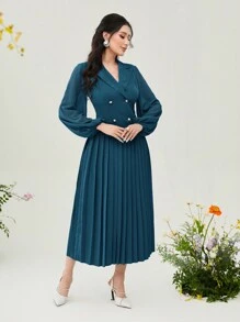 Modelyn Pleated Long Lantern Sleeve Button Front Modest Dress - Teal Blue - View 5