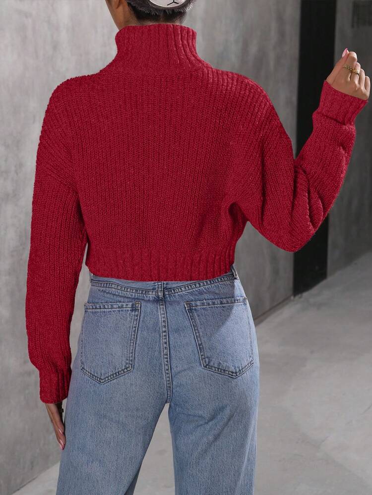 Solid High Neck Cropped Knit Pullover Fall Winter Sweater