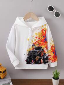 Young Boy Hooded Sweatshirt With Off-Road Vehicle Print - White - View 5