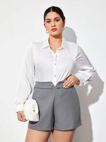 BizChic Shorts Taille Haute Pour Femmes De Grande Taille Avec Bouton Métallique - Gris - Voir 1