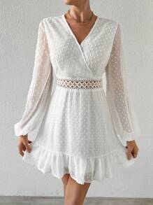 SHEIN Privé Women'S Lantern Sleeve Lace Patchwork Dress - White - View 1