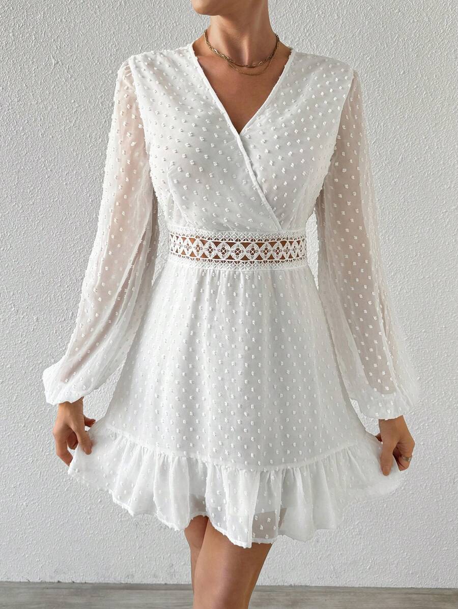 SHEIN Privé Women'S Lantern Sleeve Lace Patchwork Dress - White - View 1