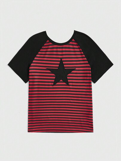 Grunge Punk Punk Style Patchwork Contrast Stripes & Star Embroidery Loose Fit Women Short Sleeve T-Shirt