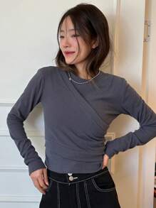 DAZY Bộ đồ hai mảnh màu trơn dành cho nữ, áo kiểu quấn, bộ đồ mặc nhà mùa thu cho nữ. - Xám - Xem 5