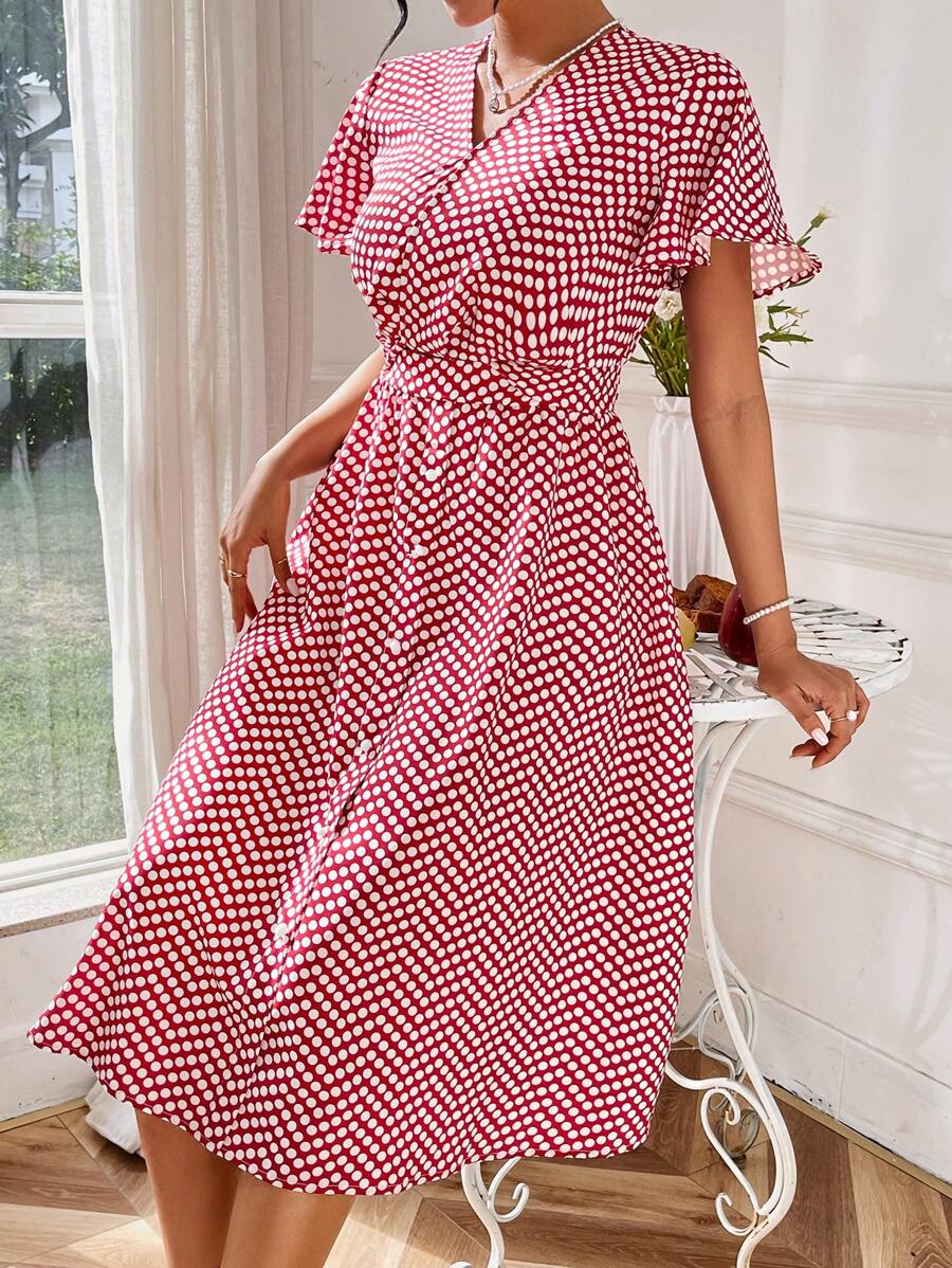 Chiquease Chấm bi In Cổ chữ V Vòng eo đế chế Đầm - Đỏ - Xem 1