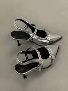 Women's Retro Pointed Toe Mary Jane Leather Shoes, British Style Pumps, 2025 Spring/Autumn New Arrival, French Fashion Chunky Heel High Heels, Elegant, Party,Stiletto Heels - Silver - View 6