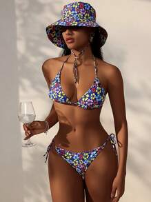 Swim Mod Summer Beach Women's Flower Printed Knot Front And Tie Side Bikini Set