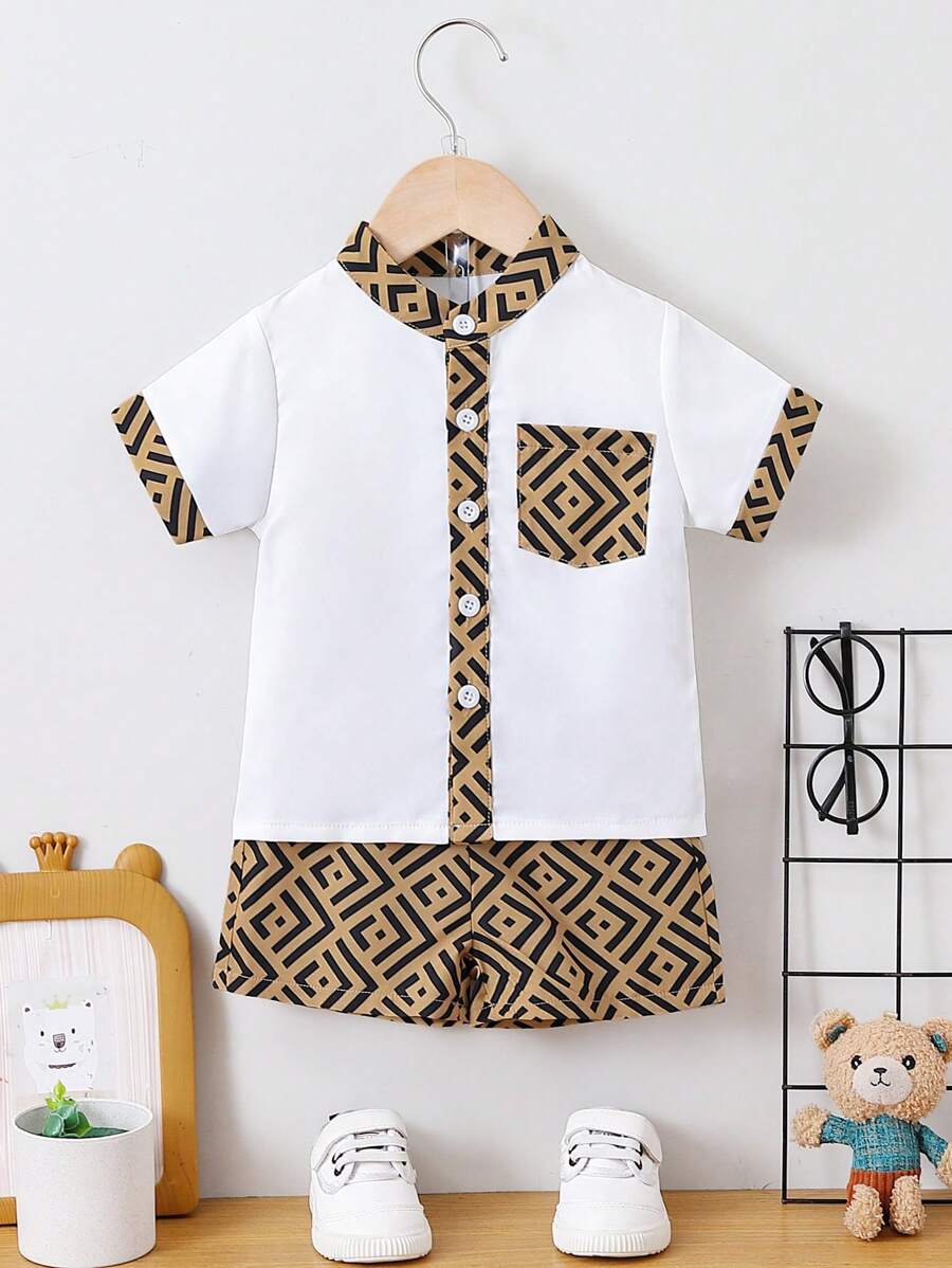 Em bé Con trai In Hình học Đứng cổ áo Ngắn tay Áo sơ mi Và Bộ quần short - Nhiều màu - Xem 1
