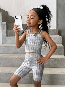 SHEIN Explorewe Conjunto De Dos Piezas Para Niña Con Top Y Pantalón De Canalé Gris - Gris - Ver 5