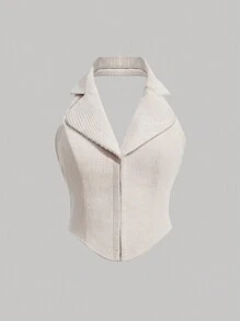 SHEIN MOD Kích thước lớn Halter Neck Áo Với móc Mắt Mặt trước Và Viền bình hàng phía sau - Màu be - Xem 1