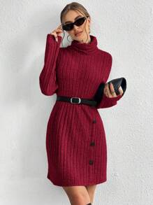 SHEIN Essnce Vestido De Punto Ajustado De Cuello Alto Tejido De Costilla De Color Liso Para Mujeres Con Detalles De Botón - Burdeos - Ver 6