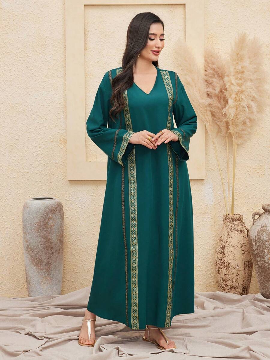 Al Najma Women's Patchwork Weave Ribbon Turkish Long Shirt Kaftan Jalabiya Dress - Dark Green - View 1