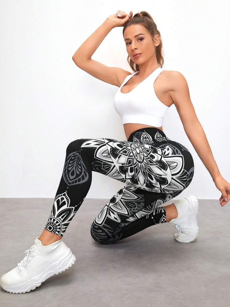 Yoga Floral Mallas Deportivas Sin Costuras - Negro - Ver 2