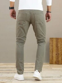 Manfinity Homme 男士纯色做旧紧身牛仔裤，男士绿色牛仔裤，男士做旧牛仔裤，男士休闲裤 - 軍綠色 - 查看 6