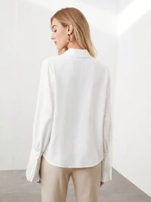 BizChic 女式纯色纽扣长袖衬衫，带褶皱喇叭袖口，城市通勤办公室商务休闲优雅正式衬衫 - 白色 - 查看 10