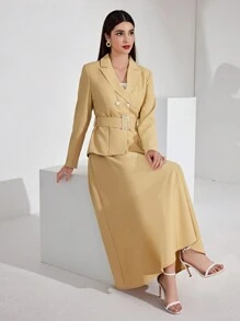 Modelyn Của phụ nữ Màu thuần Đôi ngực Bộ đồ Áo khoác Với Cổ bẻ Và Chiều dài đầu gối Váy - Màu Khaki - Xem 6