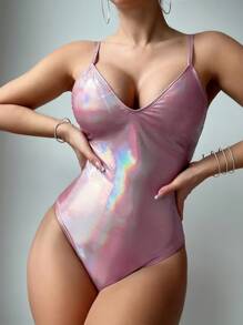 SHEIN Swim 女士一件式激光泳衣 - 黑色 - 查看 5