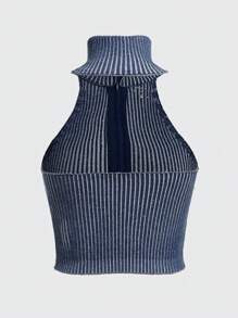 ROMWE PUNK Women's Crop Knit Top With High Neck - Blue - View 2