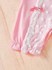 Baby Girl Pink Lace Romper With Peter Pan Collar And Bowknot For Spring/Summer - Pink - View 4