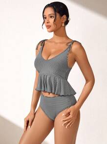 SHEIN Swim 女士條紋綁頸比基尼套裝音樂節 - 黑與白 - 查看 3
